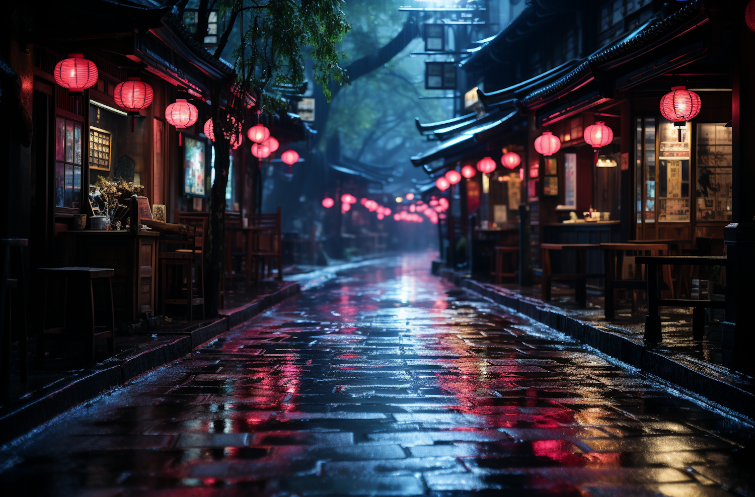 Evening Serenity on Lantern-Lit Cobblestone Street