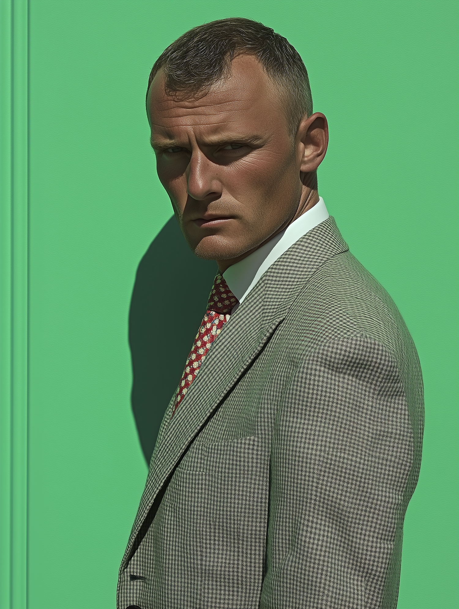 Man in Checkered Suit with Green Background