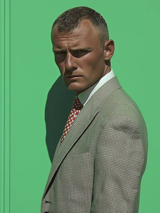 Man in Checkered Suit with Green Background