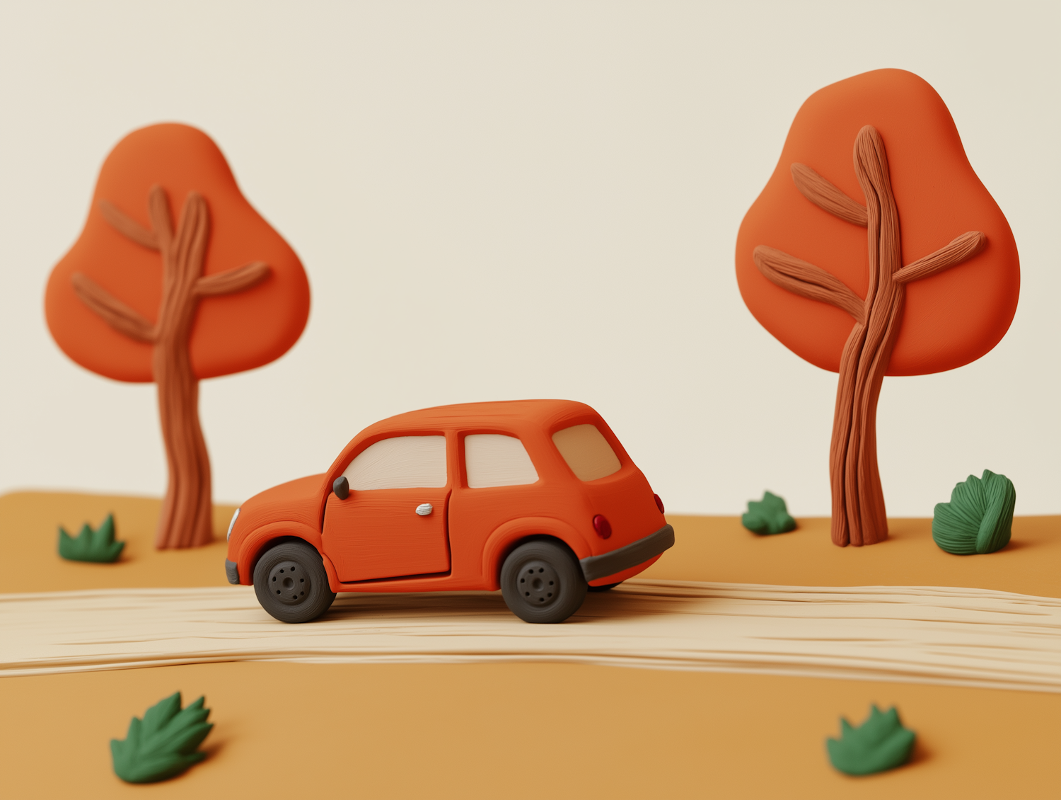 Whimsical Orange Car in Stylized Landscape