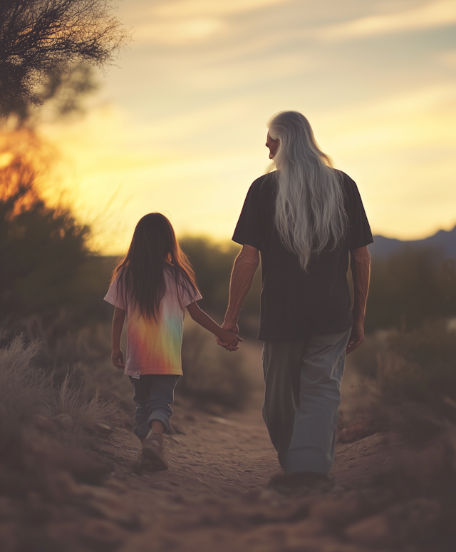 Elderly Man and Young Girl Walking at Sunset