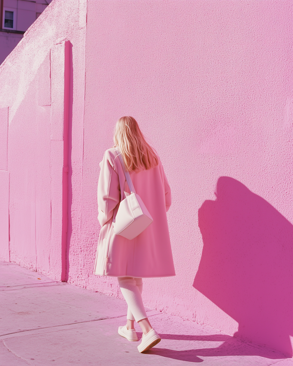 Person Walking Along Pink Wall