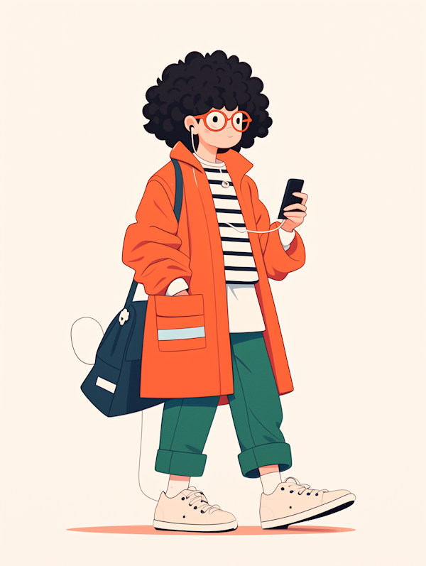 Person with Curly Hair and Bright Red Glasses