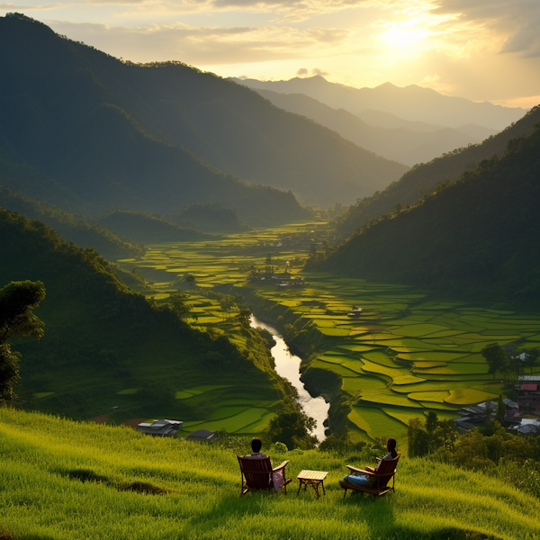 Golden Hour Tranquility in Terraced Valley