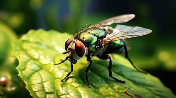 Detailed Housefly on Green Leaf