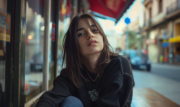 Contemplative Young Woman in City Light