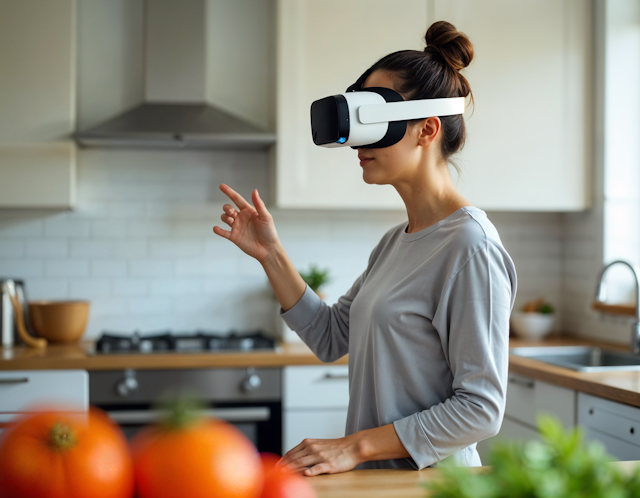 Woman in Modern Kitchen with VR Headset