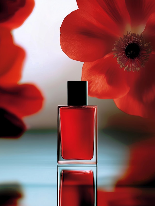 Red Perfume Bottle with Flowers