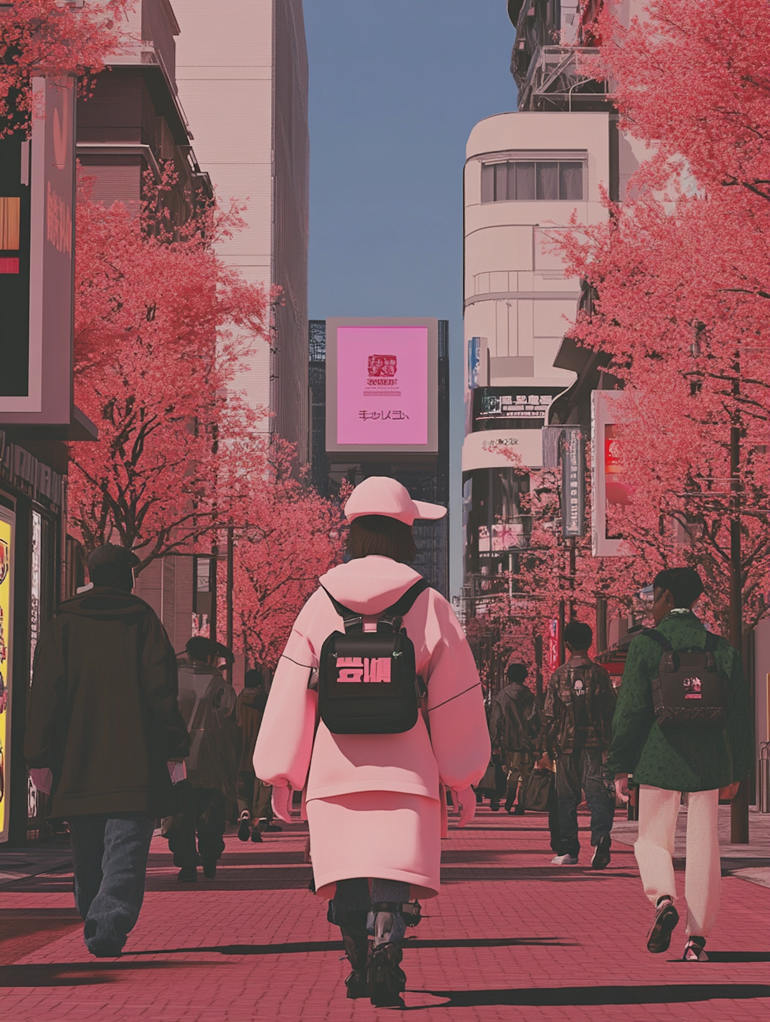 Urban Street Scene with Cherry Blossoms