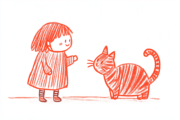 Young Girl and Striped Cat Illustration