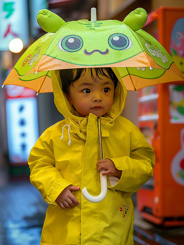 Curious Child in Rainy Urban Setting