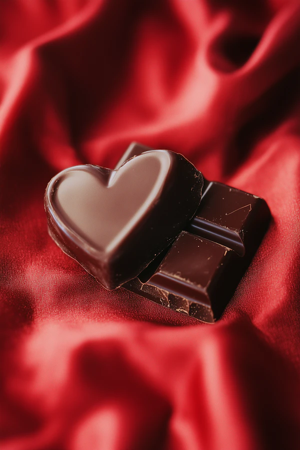 Heart-Shaped Chocolate on Red Fabric