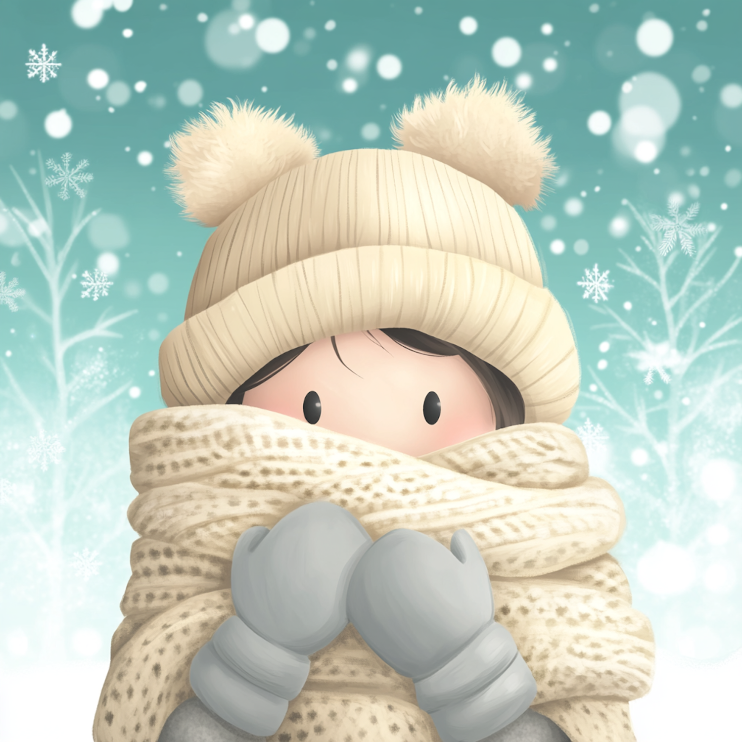 Cozy Cartoon Character in Snowy Scene