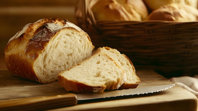 Freshly Cut Loaf of Bread on Wooden Cutting Board