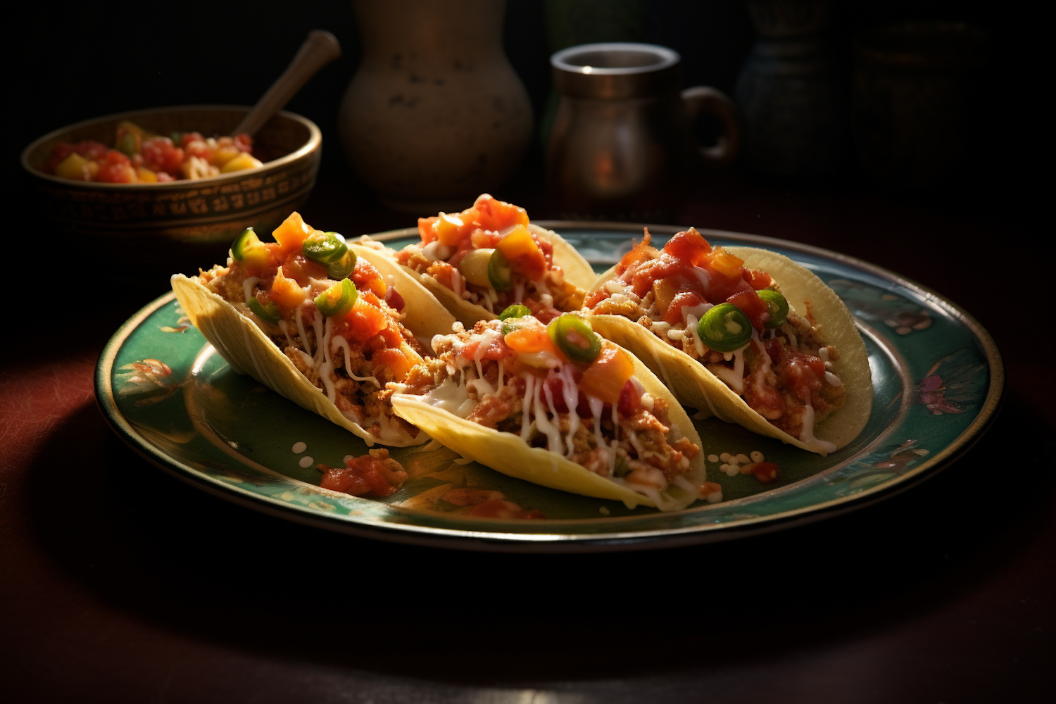 Savory Trio of Tacos on Green Ceramic