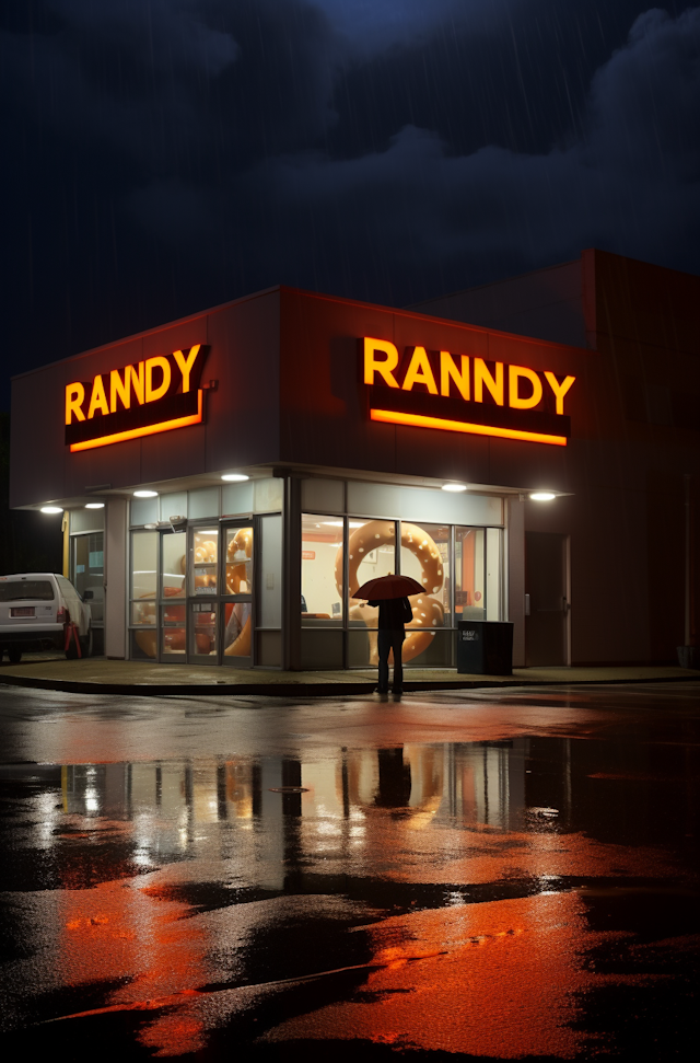 Solitary Figure under a Red Umbrella Outside Randy's on a Rainy Night