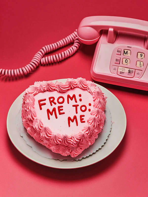 Heart-shaped Cake with Pink Rotary Phone