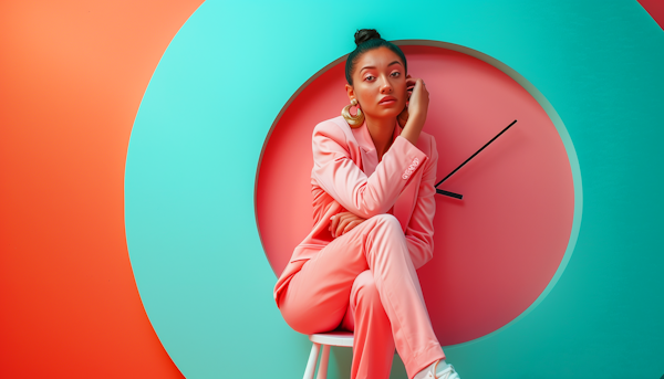 Contemplative Woman in Color-Blocked Backdrop