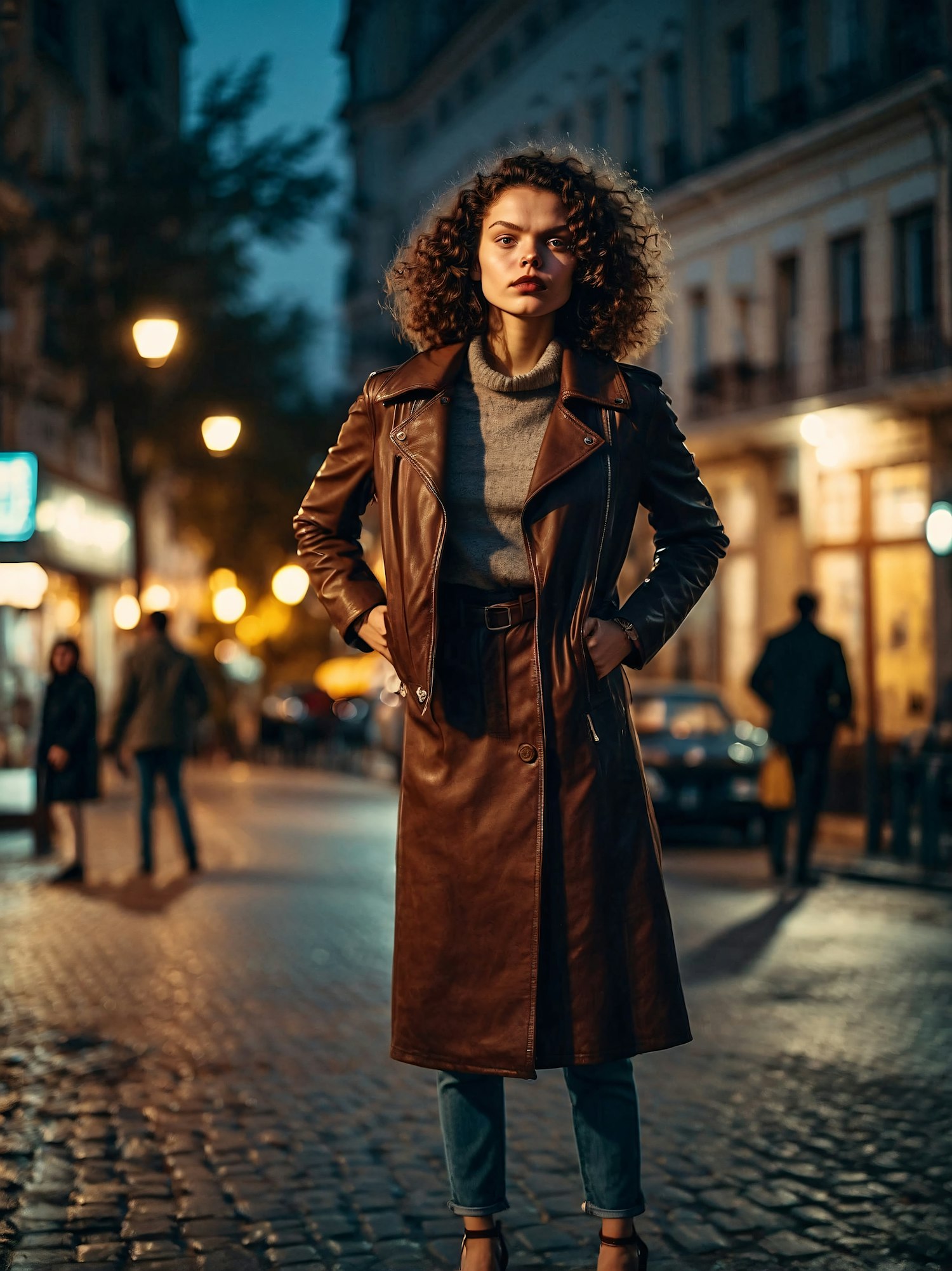 Woman in Urban Street at Dusk