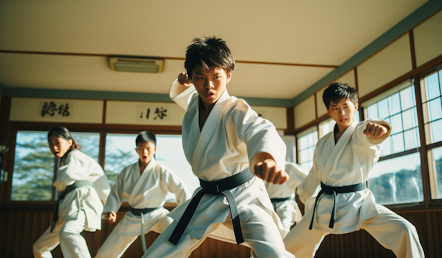 Advanced Karate Student Leading Practice in Sunlit Dojo