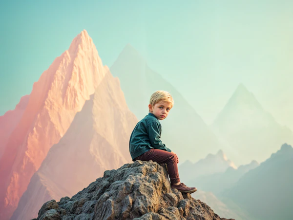 Child on Rocky Outcrop with Pastel Mountains