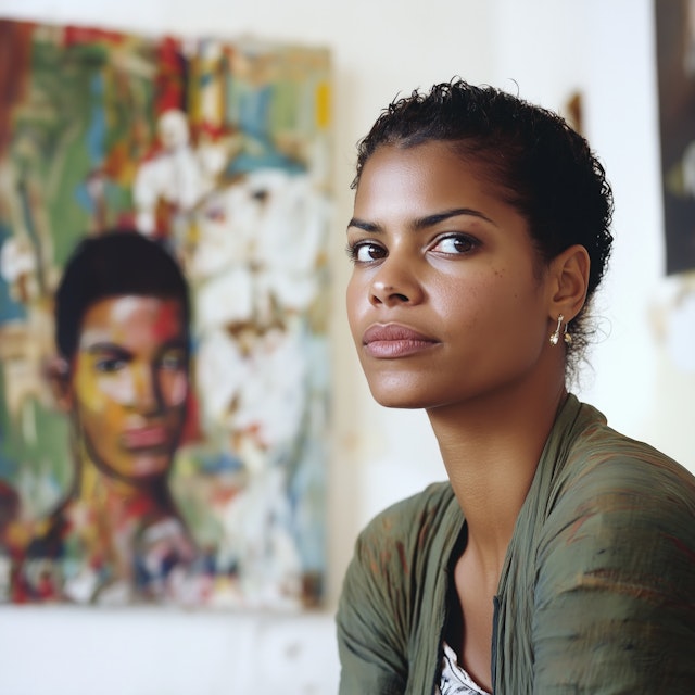 Contemplative Woman with Artistic Background