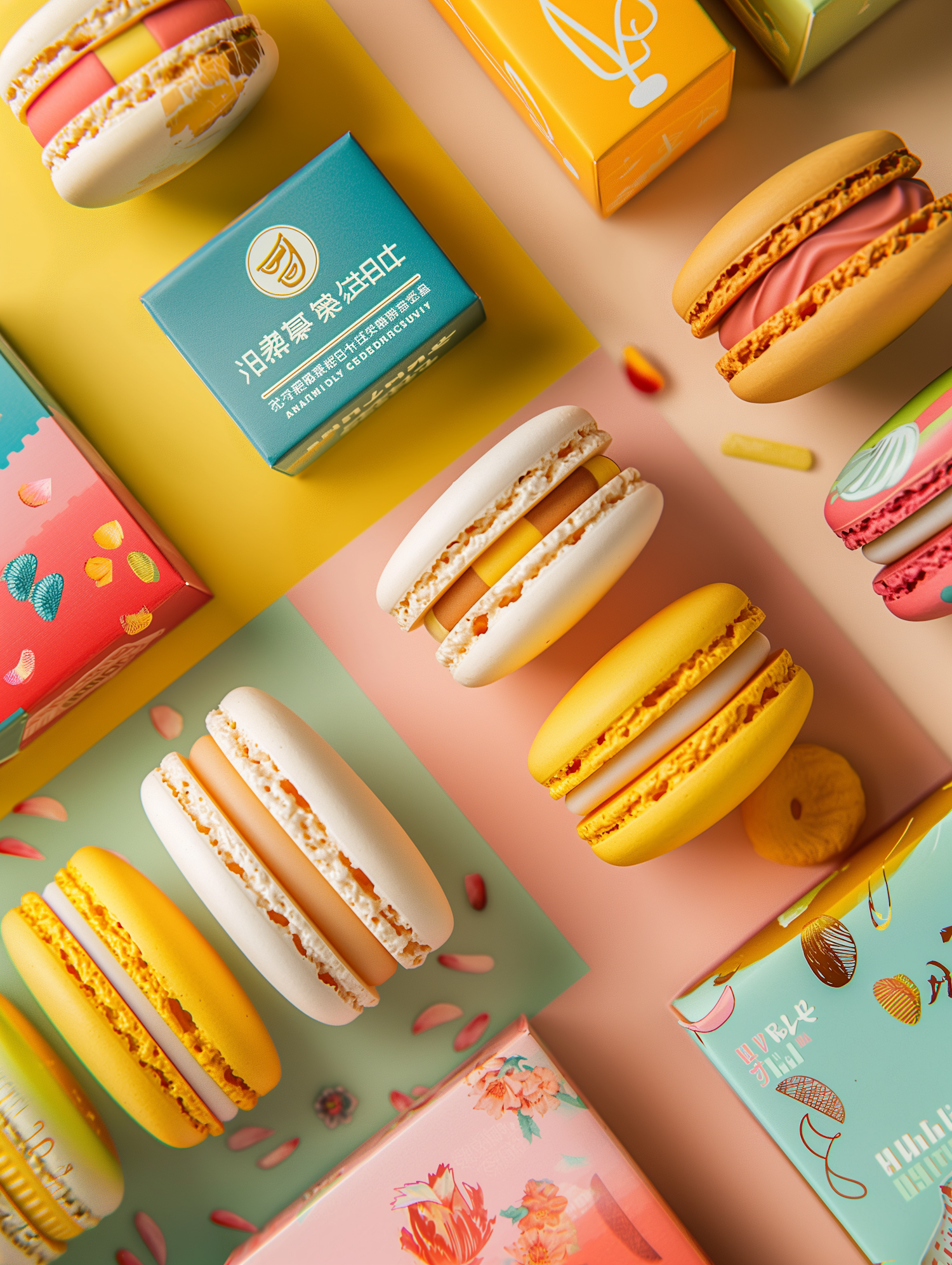 Colorful Assortment of Macarons and Packaging