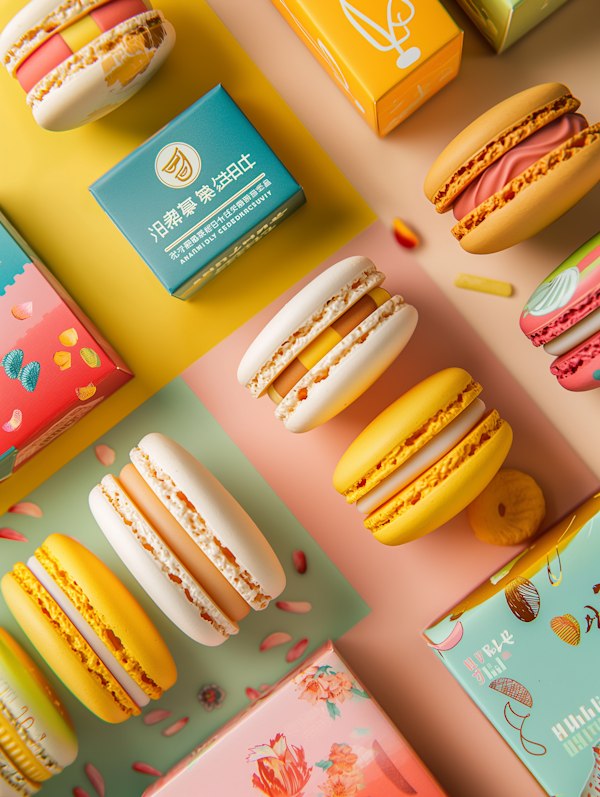 Colorful Assortment of Macarons and Packaging