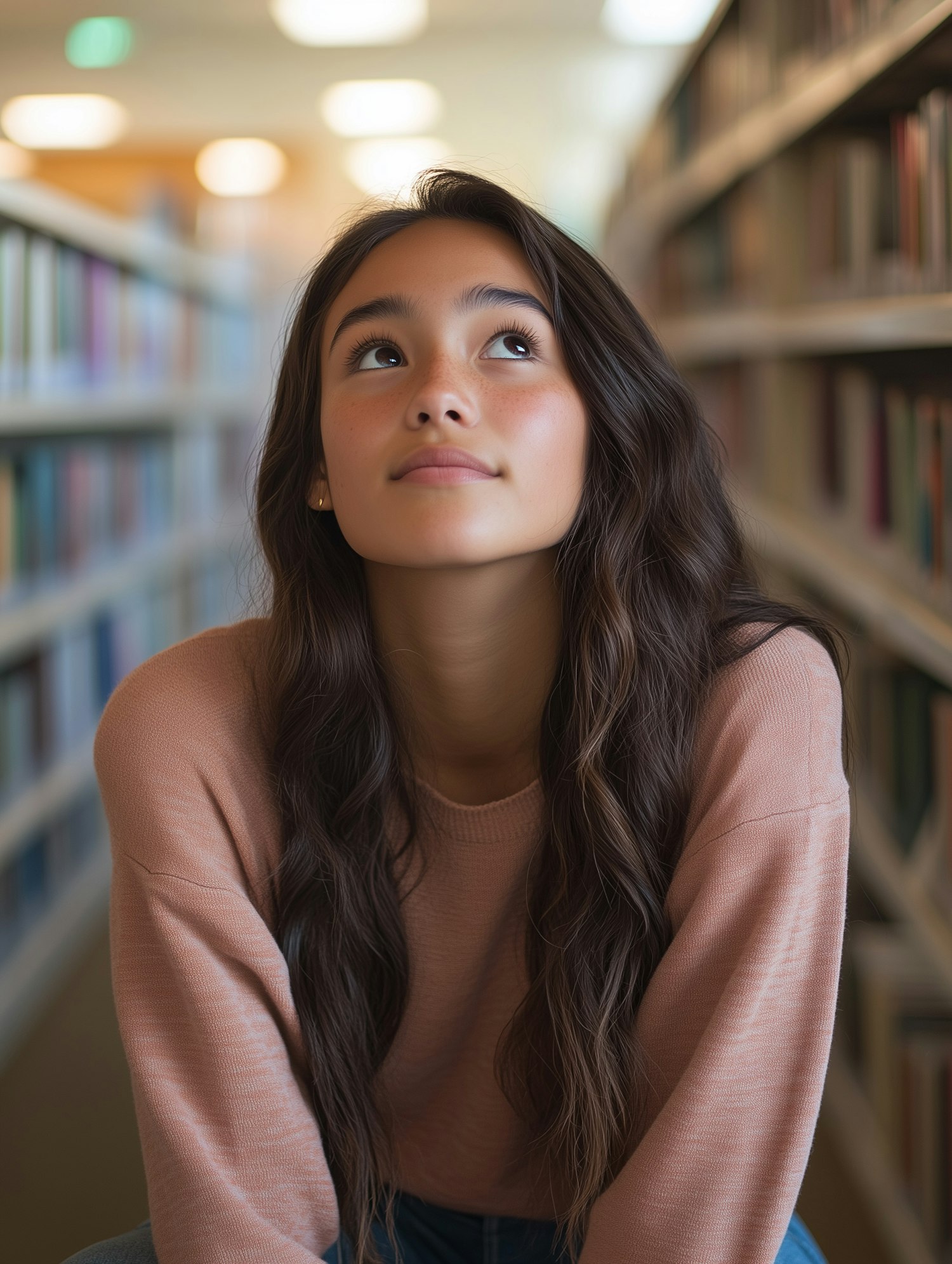 Thoughtful Young Woman in Library