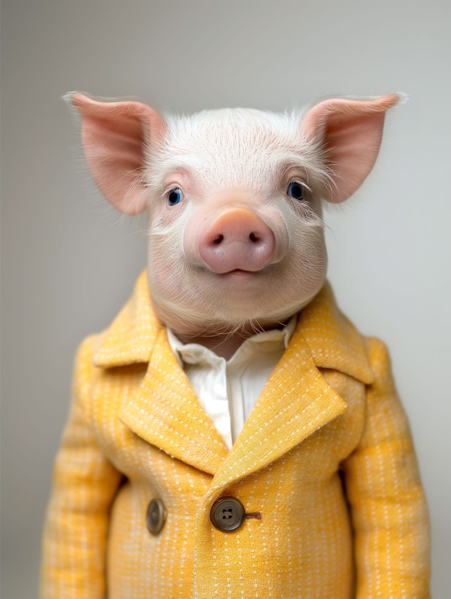 Whimsical Pig in Yellow Checkered Suit