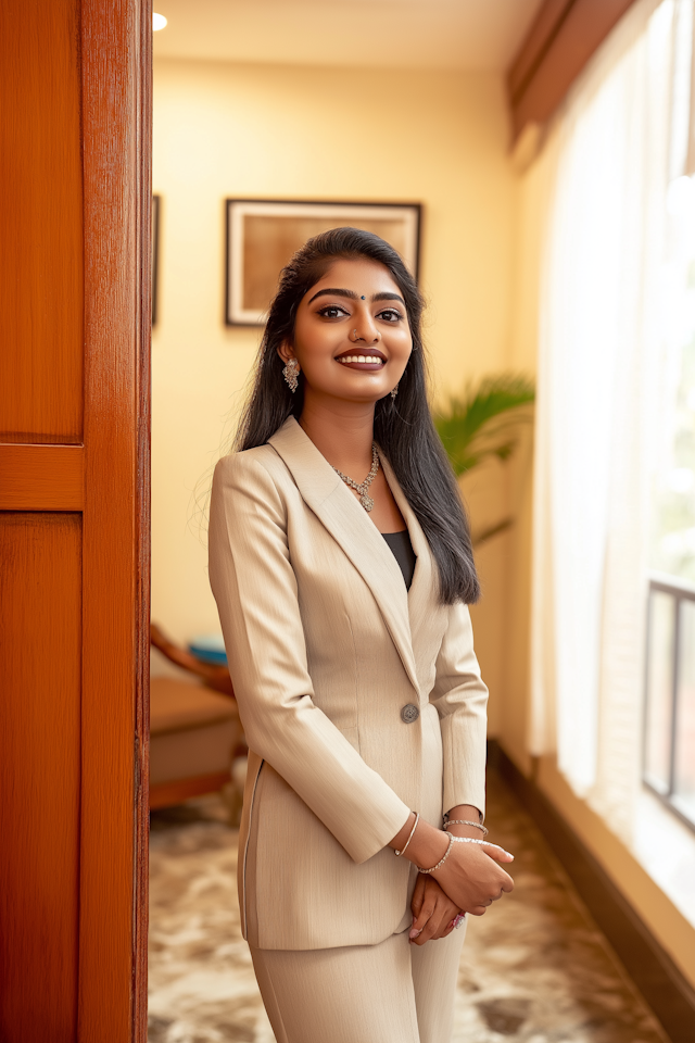 Young Woman in Beige Suit Indoors