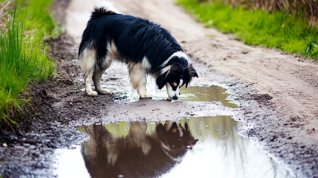 Dog Drinking from Puddle