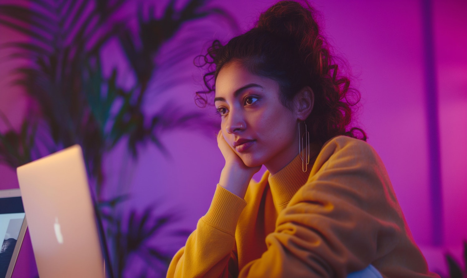 Contemplative Young Woman in Soft Purplish Hue