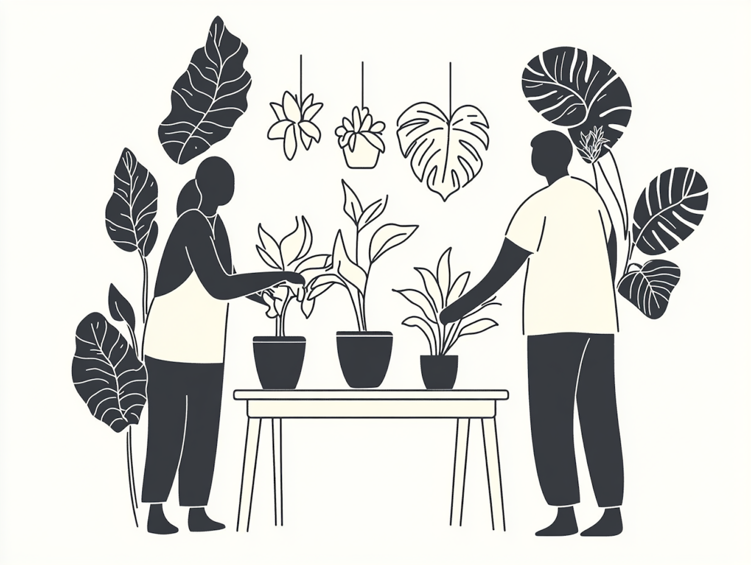 Monochromatic Illustration of People Tending Plants