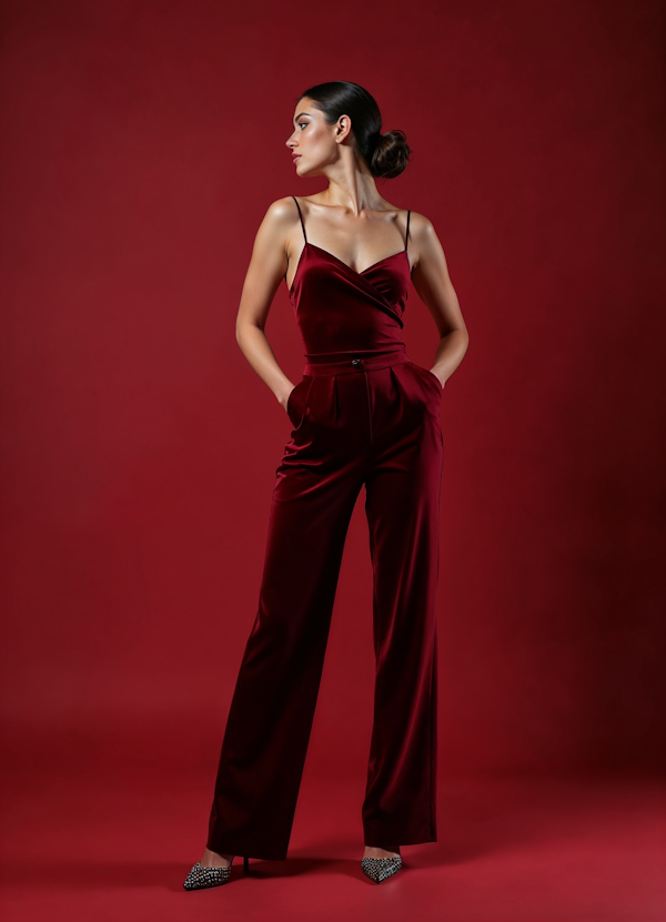 Woman in Red Jumpsuit Against Red Background