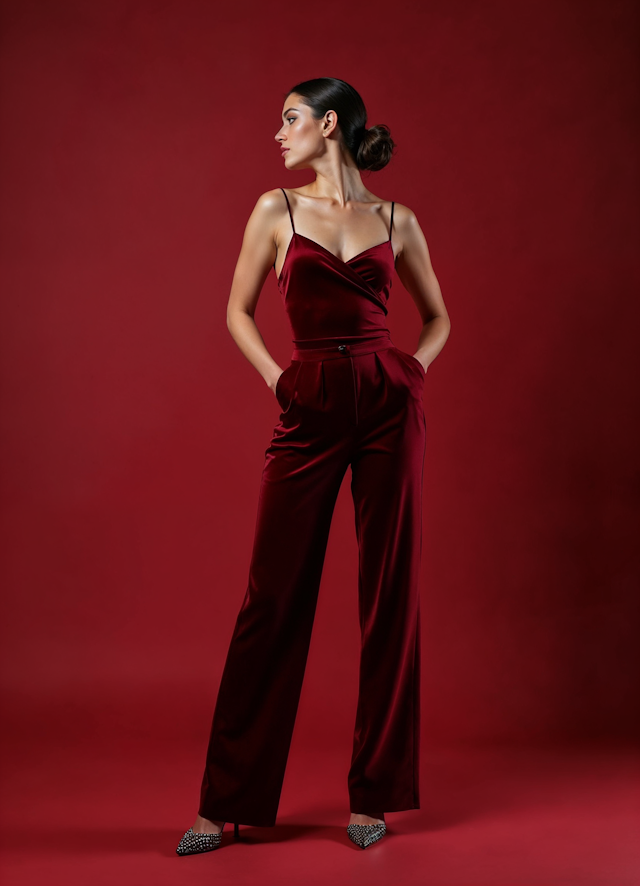 Woman in Red Jumpsuit Against Red Background