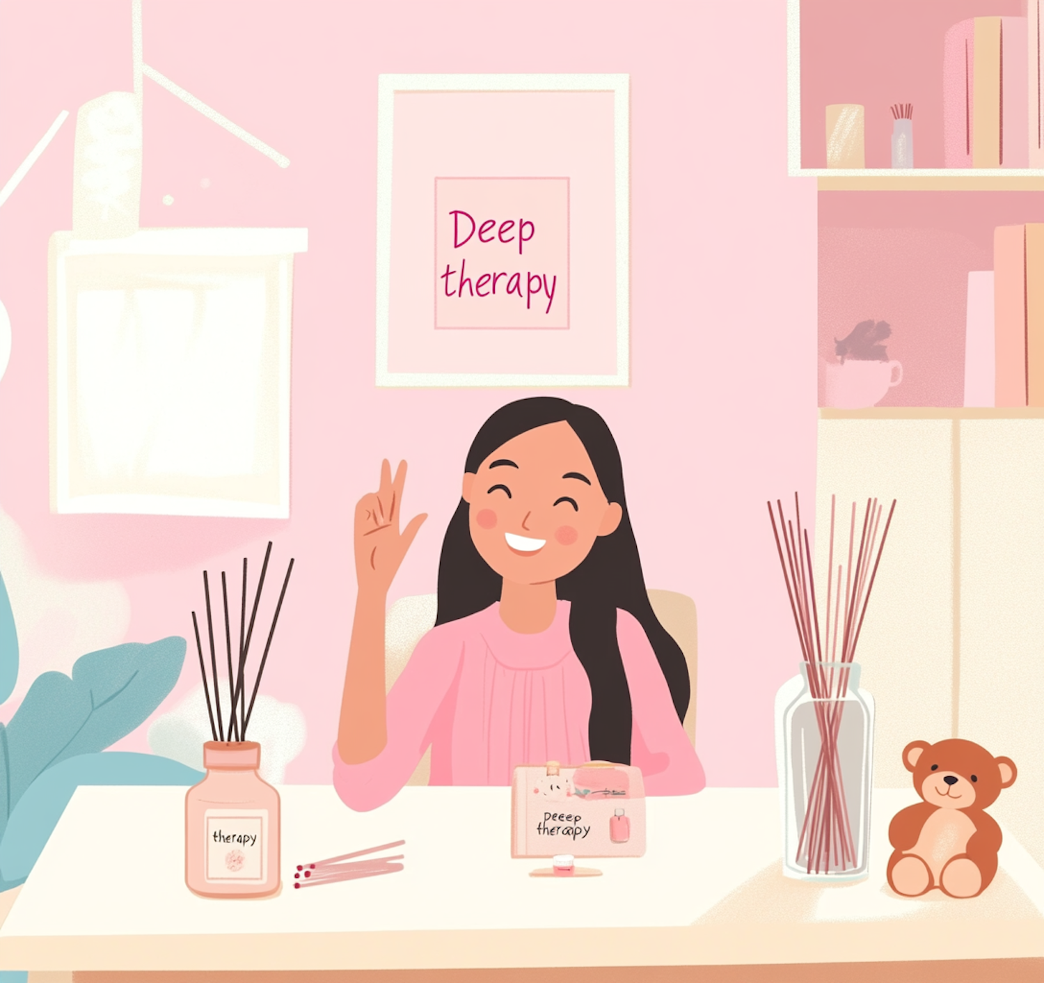 Smiling Girl in Pastel Pink Room