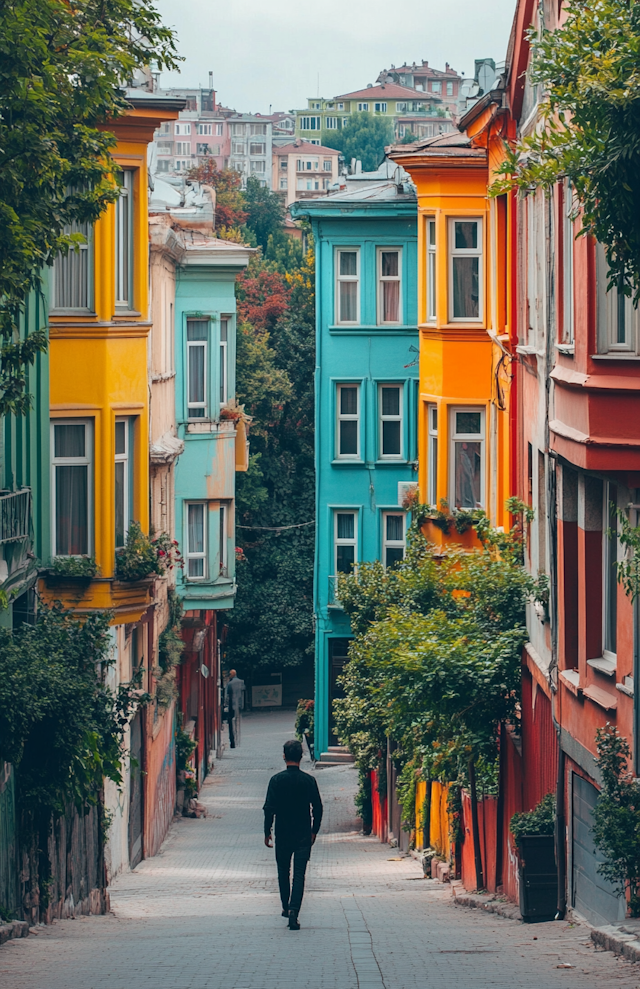 Colorful Cobbled Street with Solitary Walker