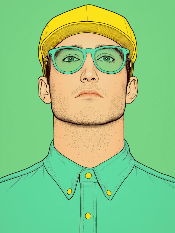 Stylized Portrait with Yellow Cap and Teal Glasses
