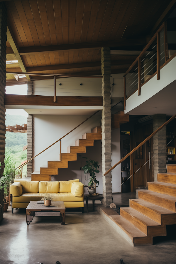 Modern Comfort: Zigzag Wooden Staircase and Canary Yellow Couch Interior