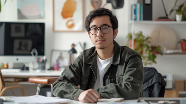 East Asian Male Professional at Creative Workspace