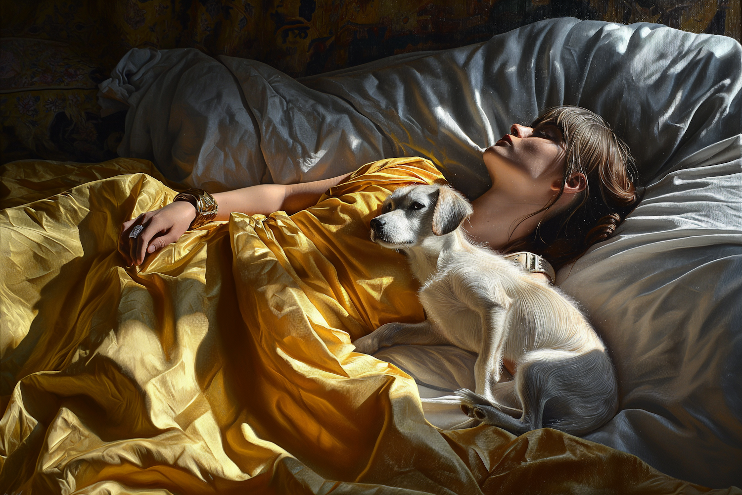 Serenity in Satin: A Woman's Repose with Her Loyal Companion