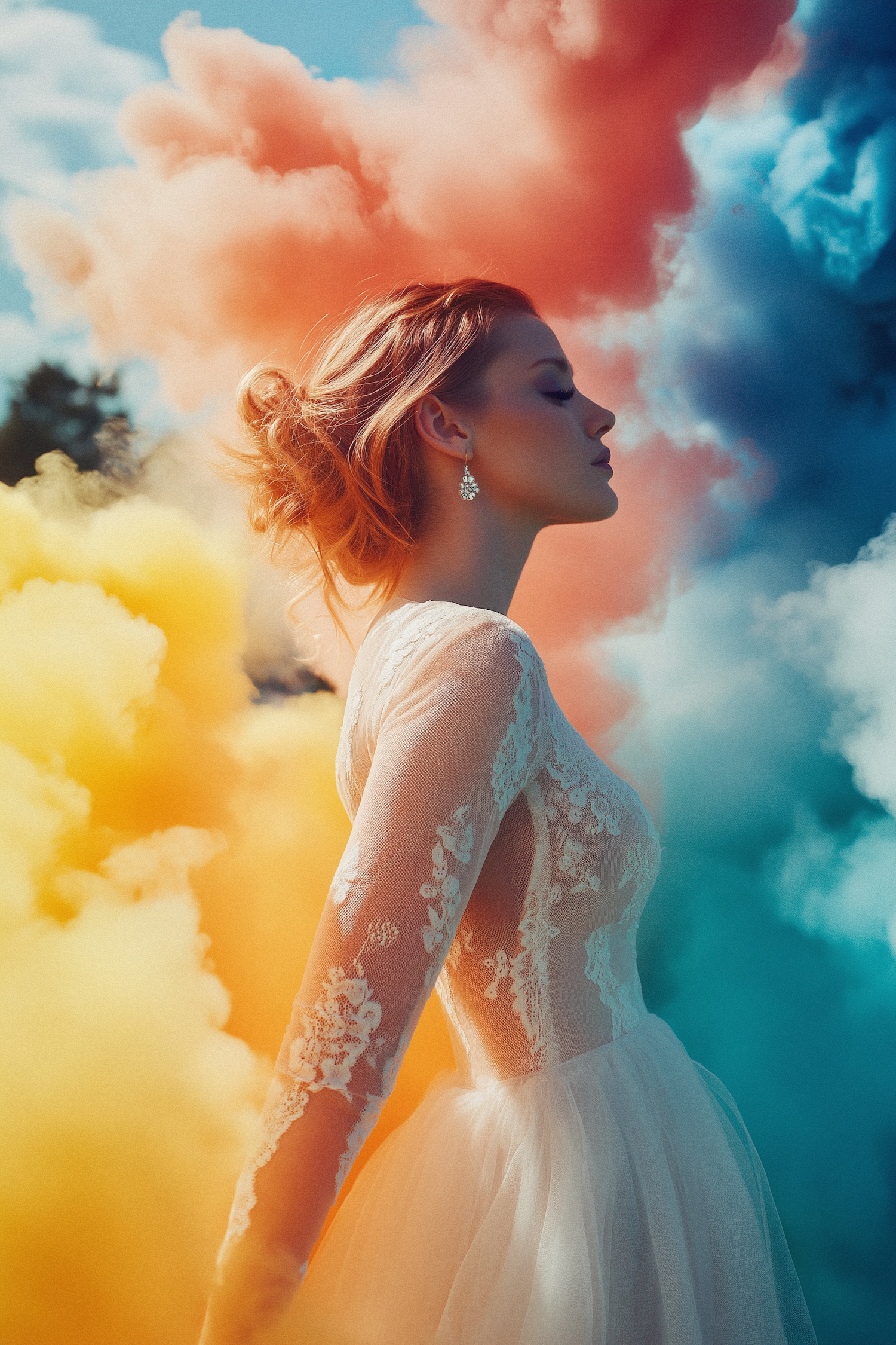 Elegant Woman in Lace Dress with Colorful Smoke