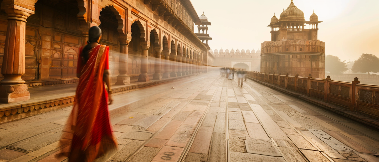 Woman in Red Saree Walking in Grand Corridor