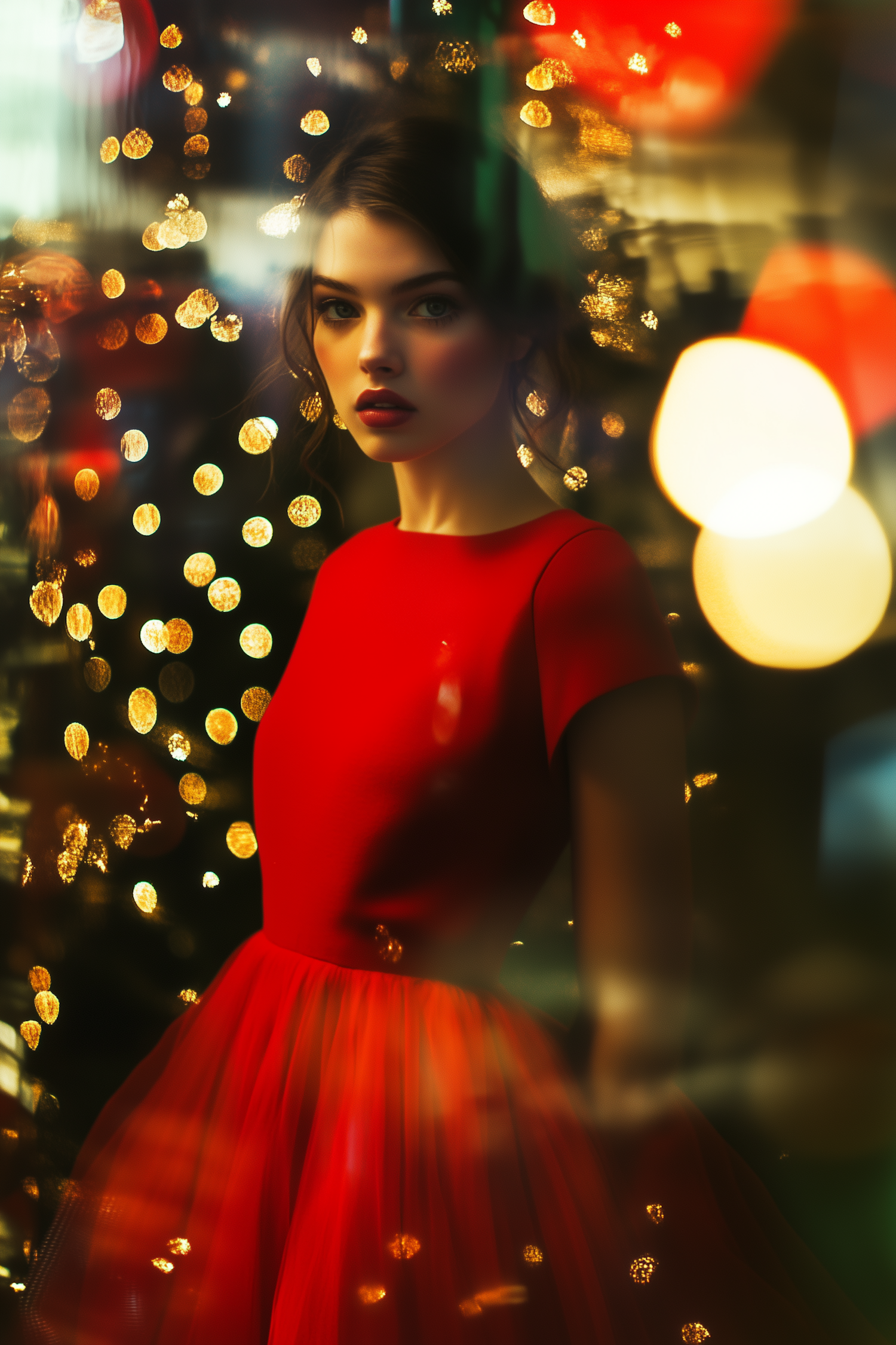 Woman in Red Dress with Festive Lights