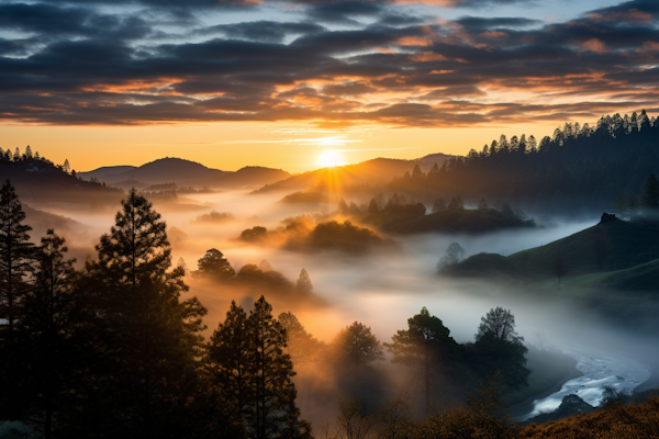 Misty Sunrise Over Undulating Hills