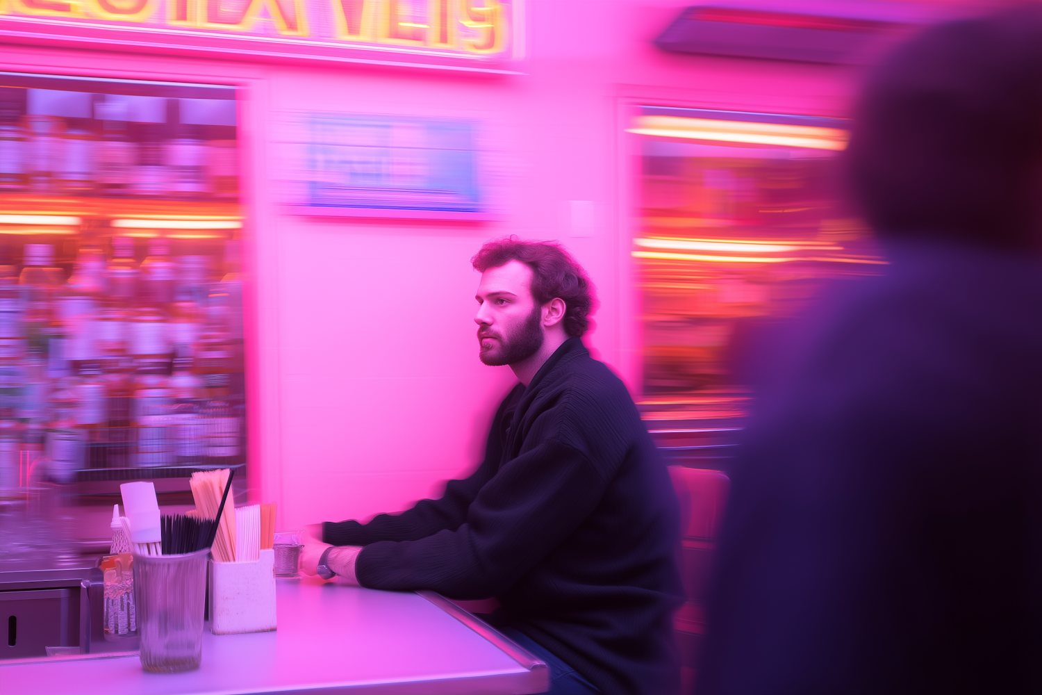 Contemplative Man at Neon Bar