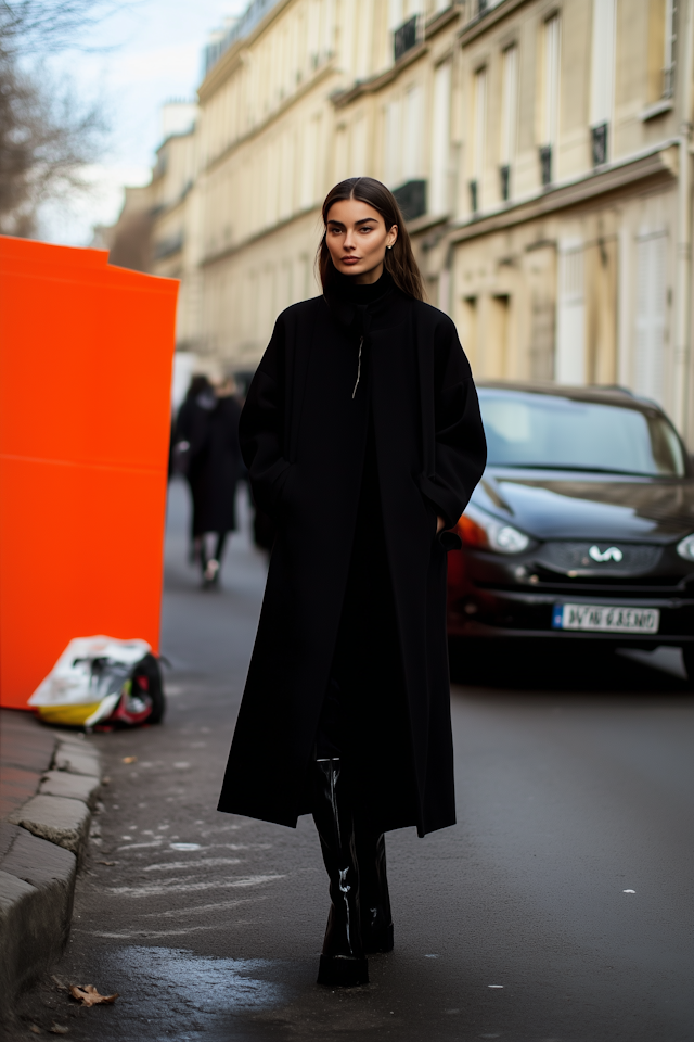 Woman in Black Coat on City Street