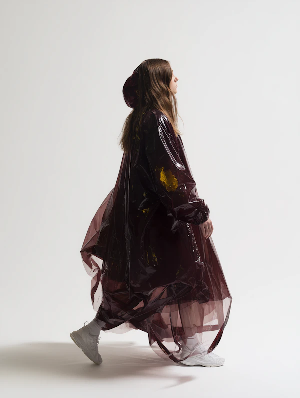 Burgundy Raincoat Walk