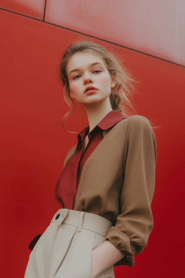 Portrait of a Young Woman Against Red Background